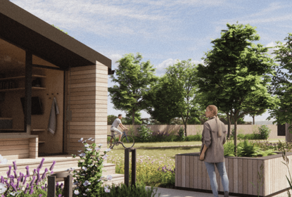 A drawing of a calm green space with a woman looking at a house