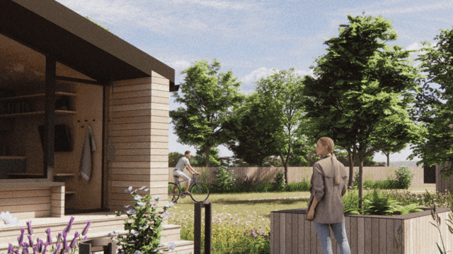 A drawing of a calm green space with a woman looking at a house