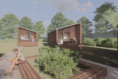 A computer generated image of wooden cabin style houses in a green area