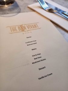A menu at a restaurant called Bon Vivant