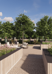 A drawing of a gravel path through a recreational area with trees and low seating